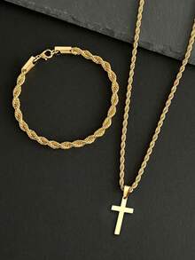2pcs Vintage Unisex Twisted Stainless Steel Necklace & Bracelet Set, Gift For Father's Day, Christmas, New Year, Valentine's Day - Twist Necklace and Bracelet Set - View 3