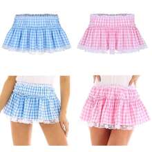Women Gingham Plaid Miniskirt, Adults Sexy Lace Trim Princess Pleating Skirt Pink, Blue - Rosa - Ver 1