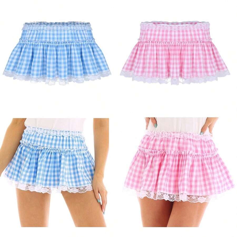 Women Gingham Plaid Miniskirt, Adults Sexy Lace Trim Princess Pleating Skirt Pink, Blue - Rosa - Ver 1