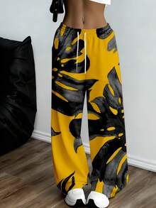 Yellow And Black Tropical Leaf Print Wide Leg Sweatpants For Women Comfortable Loose Fit Casual Sport Wear Suitable For Leisure And Exercise Activities - 白色 - 查看 3