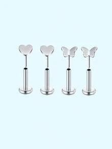 4件套可爱耳环耳钉唇钉美杜莎耳钉不锈钢鼻钉心形、蝴蝶、花朵锆石多款耳骨、耳屏、耳廓、耳垂耳环男女通用耳唇鼻穿孔饰品低过敏性无螺纹设计按压式，日常佩戴节日生日精美礼物 - 銀色/金色 - 查看 41