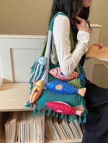 1pc Colorblock Fish Design Large Capacity Shoulder Tote Bag, Fashionable Crochet Bag, Bohemian Style Beach Vacation Daily Use For Women - Green - View 5