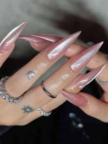 24pcs French Cat Eye Pink Floral Rhinestone Almond Nails + 1pc Jelly Gel + 1pc Nail Buffer - Multicolor - View 2