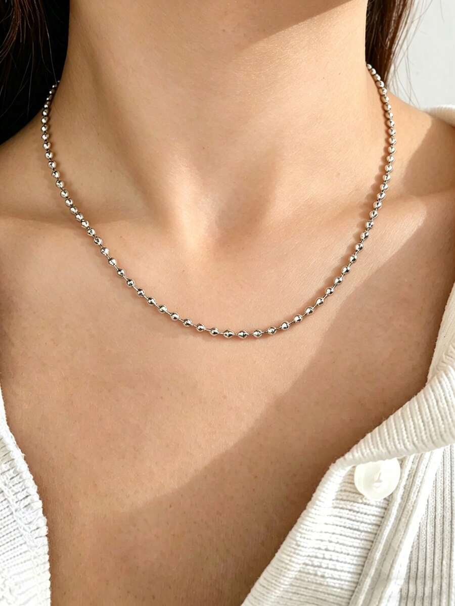 1 Peça Colar Feminino Minimalista e Elegante de Aço Inoxidável com Contas Rombo e Corrente Fina para Decoração Diária - Prata - Visão 1