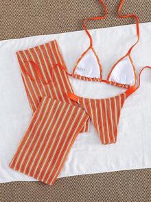 3 piezas Conjunto de bikini de punto a rayas sexy - Top triangular + Calzoncillos de cintura baja + Pantalones de pierna ancha con tirantes ajustables| Traje de baño de vacaciones de playa retro para el verano - Naranja - Ver 5