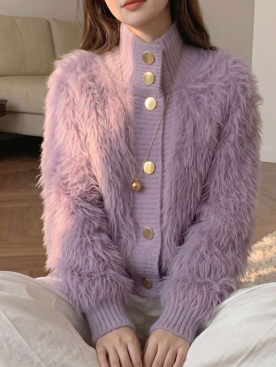 JIANHU Áo khoác cardigan dệt kim kiểu Hàn Quốc mềm mại - Áo len lông giả mềm mại với viền bèo hình quạt và cúc ngọc trai, áo khoác cổ cao thoải mái, đa năng cho trang phục hàng ngày, mùa thu/đông. - Màu tím - Xem 1