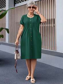 Vestido casual plisado de manga raglán de cuello redondo y manga corta de unicolor talla grande - Verde Oscuro - Ver 4