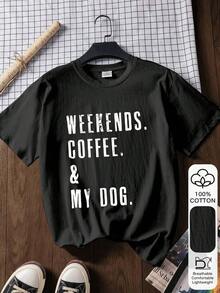 Camiseta holgada para mujer, estampado "WEEKENDS COFFEE&MY DOG", 100% algodón blanco de manga corta con gráfico, top casual de verano, para vacaciones, viajes, playa, ropa de resort - Negro - Ver 7
