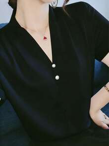 French Elegant V-Neck Chiffon Blouse Women Short Sleeve Summer New Fashionable High-End Top With Unique Design Black - Black - View 5