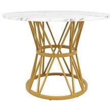 Dining Table Set (5 Pieces), Dining Table Set With 4 Chairs, Modern Kitchen Dining Table Set, 100cm Diameter Round Kitchen Table With Metal Legs, MDF Tabletop With Marble Effect, Grey Velvet Dining Chairs - Gold - View 11