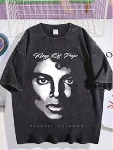 Graphic Tees2026 Summer TopsMen's Washed And Worn Michae Jackson Portrait T-Shirt, King Of Pop Print, High Street Loose And Worn Short Sleeved Shirt004Loose And ComfortableshirtCottno - Black 2 - 查看 19