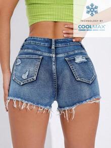 Pantalones cortos de mezclilla para mujer con bolsillos y bajo deshilachado - Azul lavado oscuro 2 - Ver 2