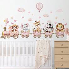 2/4件套 Safari动物火车墙贴，粉色火车头，配有戴帽子的猴子、大象、长颈鹿、斑马和狮子，车厢里装饰着鲜花，田园风动物贴纸，适合儿童房、游戏室或婴儿房装饰，可移除，即撕即贴，野生动物主题艺术 - 彩色 - 查看 1