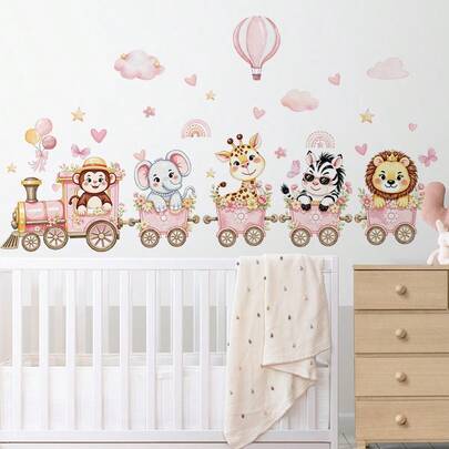 Bộ 2/4 miếng dán tường hình động vật hoang dã chủ đề tàu hỏa, đầu máy xe lửa màu hồng với chú khỉ đội mũ, voi, hươu cao cổ, ngựa vằn và sư tử trên toa xe hoa, decal động vật phong cách Cottagecore cho phòng trẻ em, phòng chơi hoặc phòng trẻ sơ sinh, có thể bóc và dán dễ dàng, tranh nghệ thuật chủ đề động vật hoang dã.
