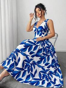 Vestido de primavera/verano elegante de mujer talla grande con cuello en V, sin mangas, con botones en la cintura y fruncido, de color floral de dos tonos - Azul - Ver 7