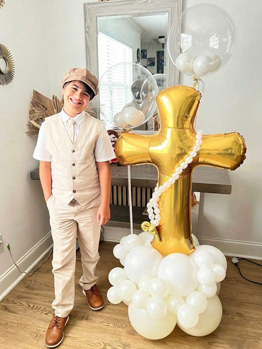 35pcs Communion Decoration Balloon Set, Includes Gold Cross Foil Balloon And White Latex Balloons, Suitable For Communion, Baptism, Birthday Party, Pray For God's Blessing, Love And Peace Theme, First Communion Decor, Confirmation Decor - Multicolor - View 1
