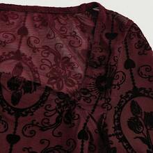 Women's Black Sheer Mesh Crop Top, Intricate Floral & Heart Print, Sexy Flared Bell Long Sleeves, Form-Fitting Square Neck, Edgy Gothic Blouse For Night Out, Clubwear & Music Festivals - Màu Đỏ Sâu - Xem 2