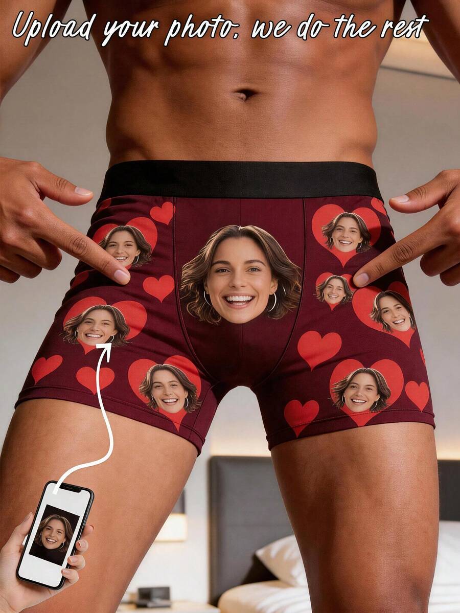 1 Stück Herren Boxenshorts mit individuellem Gesichts-Muster, personalisierte Foto-Unterwäsche mit Herzmuster, lustige "Eigentum der Freundin" Herren-Unterwäsche, Valentinstag-Jahrestagsgeschenk - Bordeaux - Übersicht 1