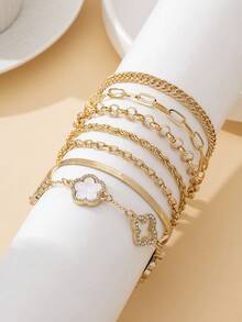 7pcs Summer New Vacation Beach Style Elegant Classic Versatile Chain Hollow Clover & Sweet Five-Leaf Clover Anklet Set For Women - White - View 5