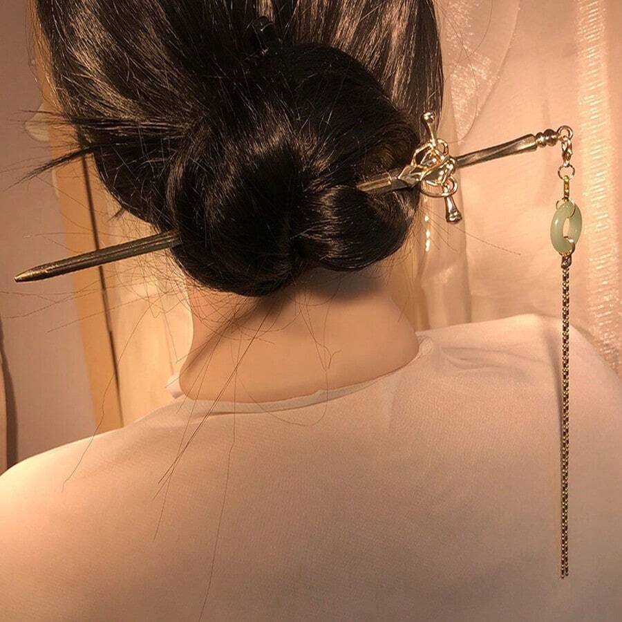 1件女士银剑发簪，配玉坠，简约优雅头饰 - 銀色 - 查看 1