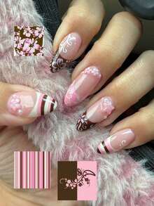 Your Look With 24pcs Medium Length Almond Y2K Press On Nails Gentle Nude Pink And Brown Classic Color Blocking, Pink Brown White Stripes, Cute French Manicure, 3D Pink Flowers, Stars, Pearls, Suitable For Spring Outings And Shopping Fake Nails - 彩色 - 查看 2