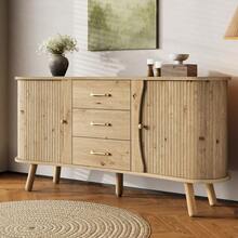 Pea-Shaped Sideboard With Fluted Design, Two Sliding Doors + Three Drawers, Height-Adjustable Compartments, Solid Wood Legs, Wood Look, MDF Material, Modern Scandinavian Style. - Khaki - View 7