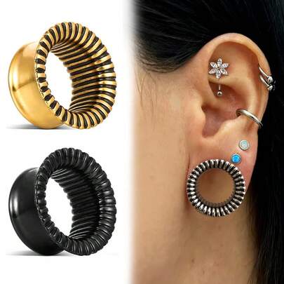 2 Adet Vintage Çizgili Kulak Tıkaçları, Kulak Memesi Genişletici, 316L Paslanmaz Çelik, Piercing Vücut Takısı, Küpe, Şık
