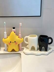 Large Star Smile Face Toothbrush Holder, Durable Countertop Storage Rack, Space-Saving Independent Organizer, Multi-Functional Bathroom Accessory, Suitable For Electric And Manual Toothbrushes, Creative Decor For Bathroom, Washroom, Bedroom, Daily Storage - Multicolor - View 6