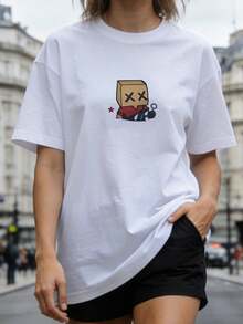 Women's Casual Summer T-Shirt, Round Neck, Short Sleeve, Cartoon Character Graphic Print, Ideal For Everyday Wear. White. - 白色 - 查看 5
