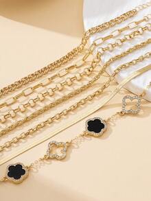 Juego de 7 piezas de pulseras de tobillo de estilo de vacaciones de verano con diseños de cadena versátiles y clásicos, trébol hueco brillante dorado y trébol de cinco hojas negro dulce para mujeres - Negro - Ver 4