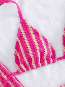 3 piezas Conjunto de bikini de punto a rayas sexy - Top triangular + Calzoncillos de cintura baja + Pantalones de pierna ancha con tirantes ajustables| Traje de baño de vacaciones de playa retro para el verano - Rosa Fucsia - Ver 6