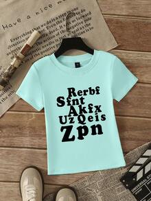 Black Letter Print Short Sleeve T-Shirt For Women, Summer Sexy Slim Fit Cropped Design Top Casual - Mint Green-1 - View 6
