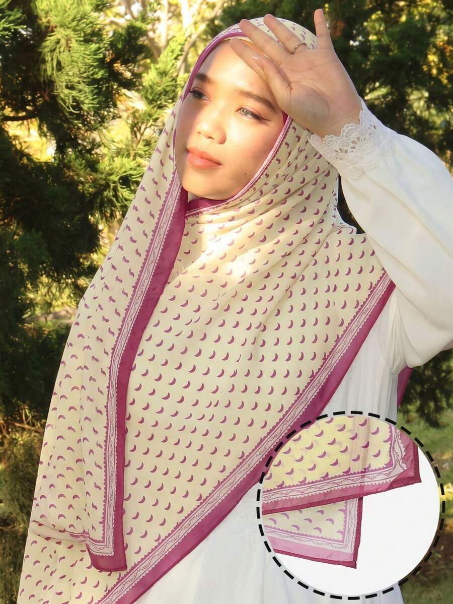 1pc Women's Moon Print Wide-Edged Headscarf, High-Quality Digital Printing Veil Headscarf, Contrast Color Wide-Edged Soft Breathable Wide-Edged Headscarf Shawl, Casual Street Style Daily Wear, Suitable For All Seasons To Match Dresses,Travel Essential,Beach Towel - Yellow - View 1