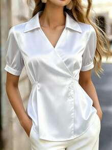 Women's Solid Color Satin Shirt, Asymmetric Button Collar Long Sleeve Slim Fit Top White Summer - White - View 7
