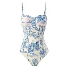 Elegant Bohemian Spaghetti Strap V-Strings Bikini Set With Blue And White Print Pattern And Slight Stretch Fabric - 藍色單人泳衣 - 查看 1