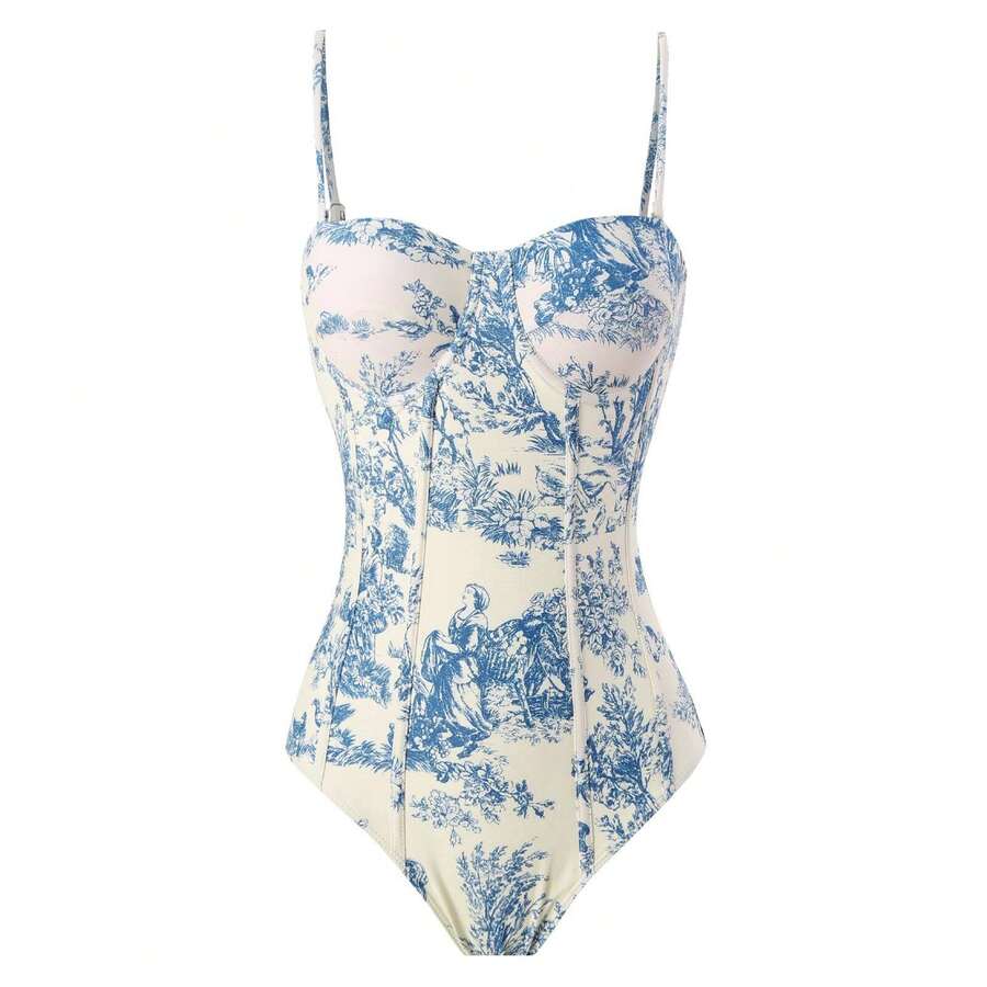 Elegant Bohemian Spaghetti Strap V-Strings Bikini Set With Blue And White Print Pattern And Slight Stretch Fabric - 藍色單人泳衣 - 查看 1