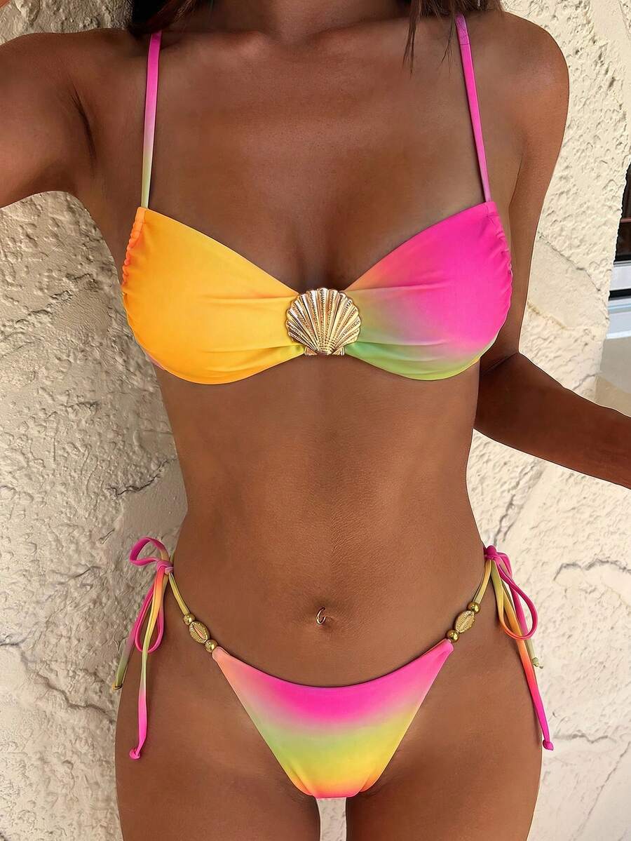 PEPPERMOLLY Neues weiches Bikini-Set für Damen mit Perlen- und Muschel-Dekor aus Metall, verstellbarem Träger und Bindung, sexy Sommer-Strandmode für den Urlaub - Verschiedenfarbig - Übersicht 1