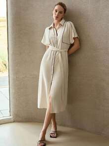 Vestido Midi Elegante con Cuello de Camisa, Costuras en Contraste, Cinturón y Abertura Frontal, Estilo Profesional para Ocasiones de Trabajo y Eventos Diarios - Albaricoque - Ver 8