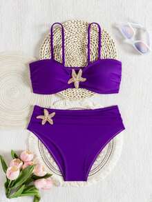 Bikini elegante chic de verano para mujer  2026 conjunto dos piezas color morado sólido con detalles de estrella de mar dorada top bandeau y parte inferior de talle alto que disimula la panza look ideal para playa vacaciones fiestas en la playa y fotos de verano - Morado oscuro - Ver 1