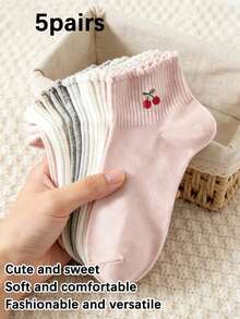 1/5 Pairs Women Cute Sweet Breathable Cherry Pattern Ankle Socks, Suitable For Daily Casual Wear, Spring/Summer, Gift - Multicolor - View 6