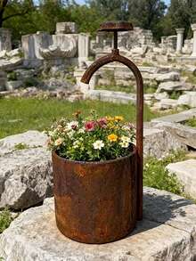 1pc Rustic Metal Flower Pot, Distressed Faucet Style Planter, Vintage Garden Decor Pot, Gift For Patio Porch - Rusty Version - View 5