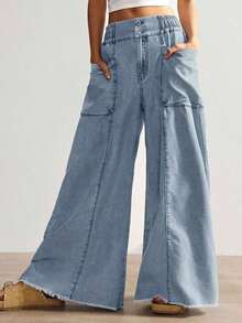 Pantalones Cargo Holgados para Mujer, Negro, Cintura Alta, Bolsillos Funcionales, Estilo Urbano y Casual - Azul - Ver 3
