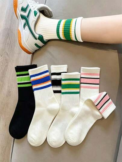 1/5/10 Pairs Mixed Color Sports Mid-Calf Socks, Contrast Stripe Versatile Daily Wear