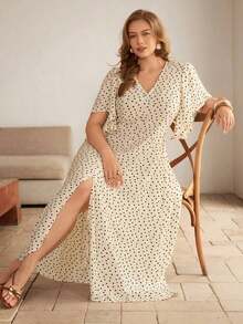 Roveilla Vestido maxi de mujer talla grande con cuello en V, lunares románticos, ajuste de cintura con botones, dobladillo con abertura, mangas abullonadas. Elegante, de estilo retro francés, formal, para oficina, casual, vacaciones, té de la tarde, minimalista y versátil. Nuevo para primavera/verano - Albaricoque - Ver 8