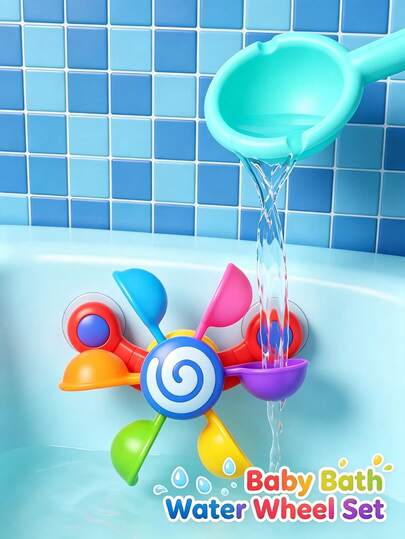 1Set Baby Bath Water Wheel & Shower Play Set, Kids Rotating Suction Cup Bath Toy