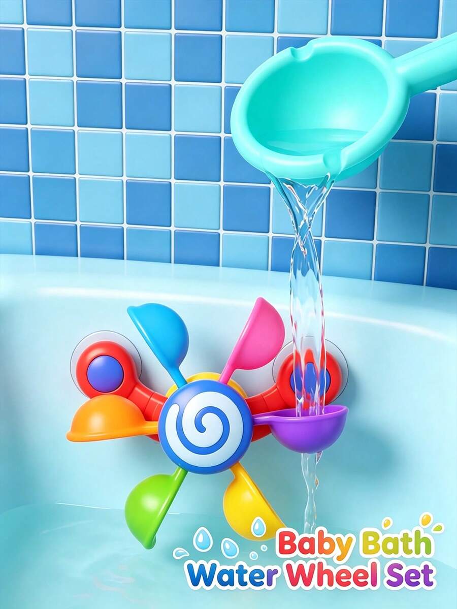 1Set Baby Bath Water Wheel & Shower Play Set, Kids Rotating Suction Cup Bath Toy - Multiple Sets Available - View 1