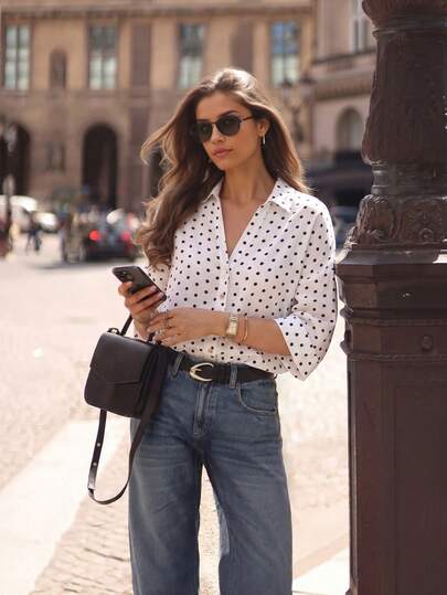 ACKCER Women's Vintage French Polka Dot Wide Sleeve Blouse, Spring/Summer