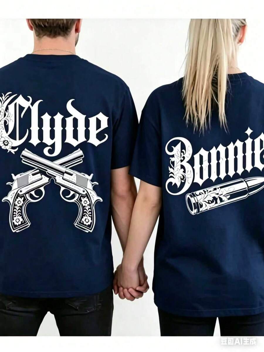 Couple Matching Gothic Bonnie And Clyde Print Hoodie, Unisex 250g Heavyweight Fleece Drawstring Pullover, Valentine's Casual Gift Sweatshirt - 女士款藏青色 - View 1