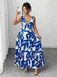 Vestido de primavera/verano elegante de mujer talla grande con cuello en V, sin mangas, con botones en la cintura y fruncido, de color floral de dos tonos - Azul - Ver 12