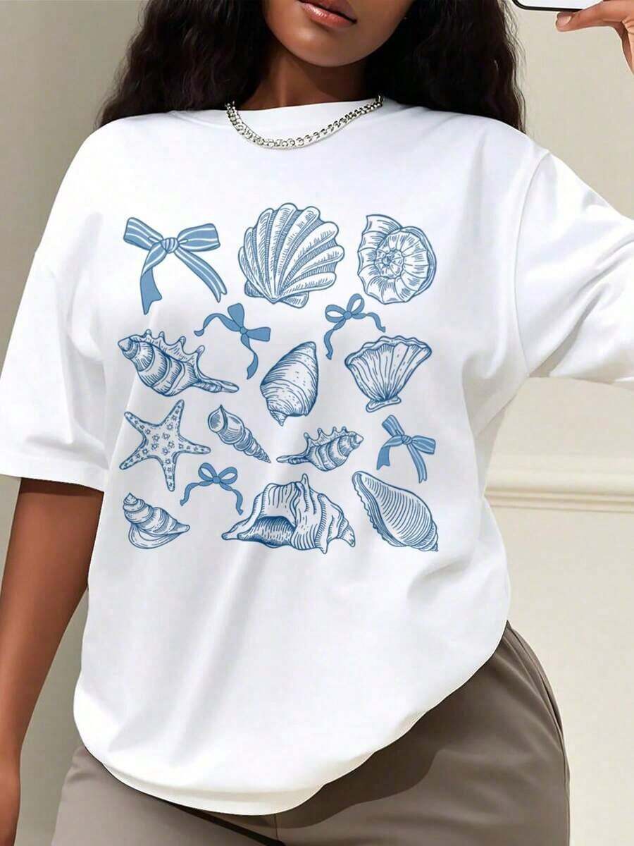 Mens Clothes;Summer TopsEveryday Plus Size Style, Aesthetic Seashell Shirt, Vintage Coastal T-Shirt With Bow & Starfish Graphic, Summer Vacation Gift, Retro Summer Shirt, Beach Shirt, Coquette Bow Shirt, Coquette SeaShell Shirt,Made To Highlight Curves In A Smooth, Comfortable, And Confidence-Boosting Waysummer Outfits - 白色 - 查看 1